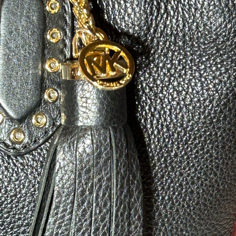 Michael Kors Black Pebbled Leather Brooklyn Satchel Bag/Gold Studs 13”x 8”x 4.5” - Picture 8 of 14